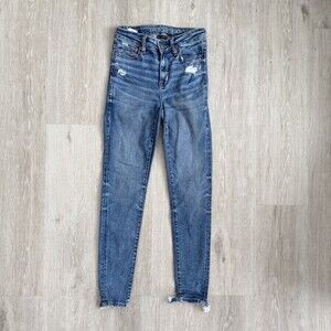 American Eagle Jeans Next Level Stretch Mid-Rise Jeggings Size 2 Distressed EUC
